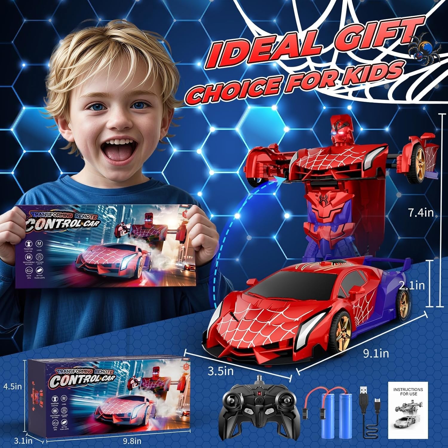 Spider Transform RC Car 2.4GHz Robot Toy with Lights 360&deg; Spin Kids Gift