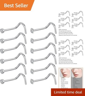 Versatile 12Pcs Nose Piercing Studs - Smooth Surgical Steel & Rhinesone Designs