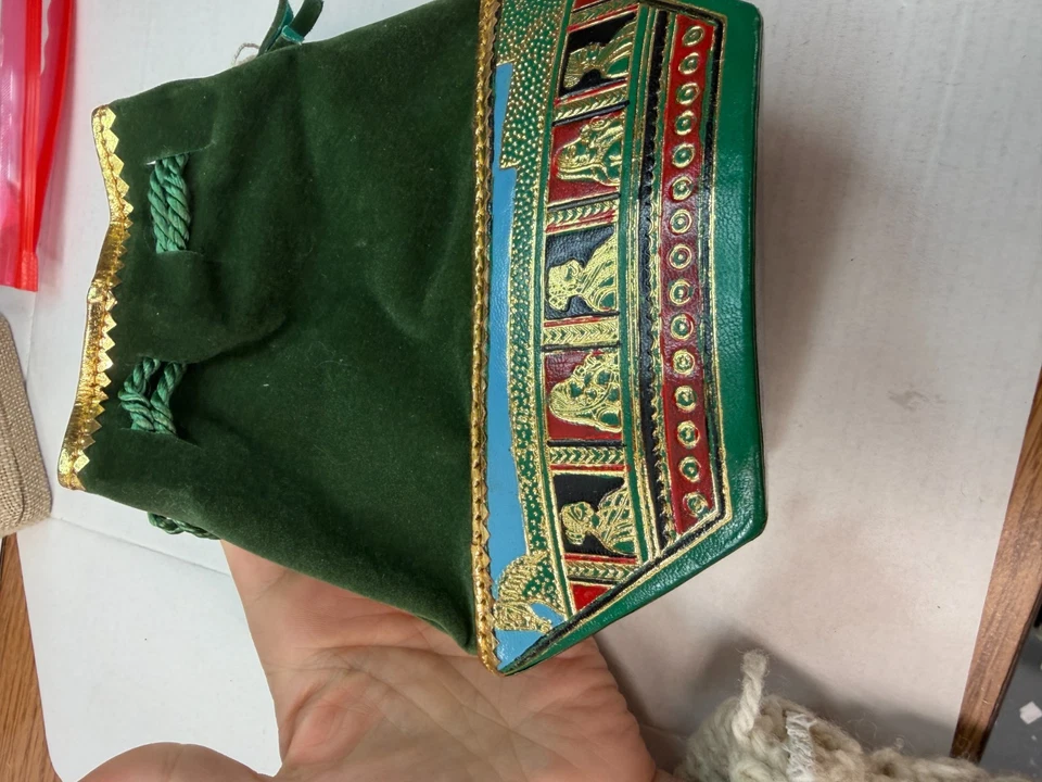 Vintage Bag Purse Moroccan Revival Triangle Green Drawstring Small Size - Image 3 of 4
