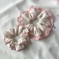 Sweet Girls Lace Trim Jacquard Fabric Scrunchies Ponytail Holder Hair Ties Elast