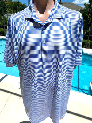FENNEC Golf Shirt Striped Blue Pine Forest Short Sleeve Knit Mens 2XL