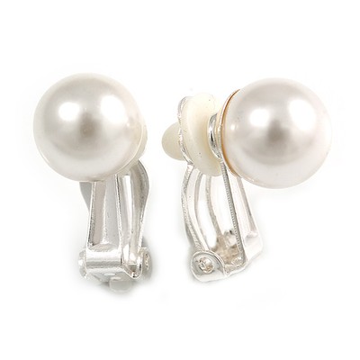 10mm D Classic Faux Pearl Clip On Earrings In Silver Tone