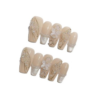 handmade nails,press on nails, short coffin,Dreamy 3D Flower,French Nails,Ide...