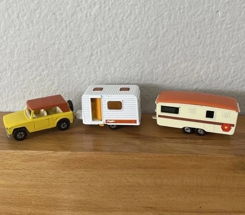 Matchbox Lesney 1970 + 1977 Caravan Camping Trailers 57 & 31 +1969 Field Car #18