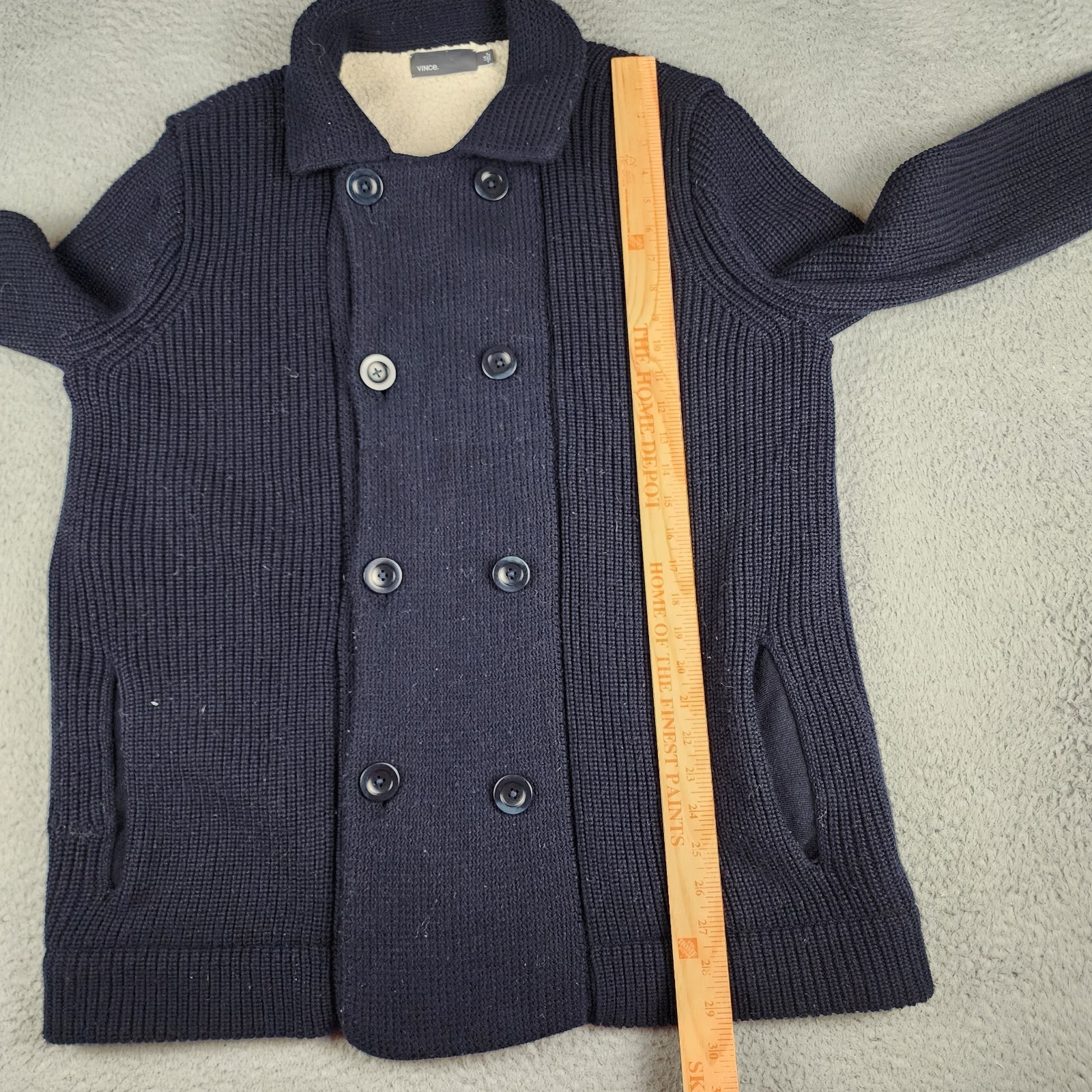 Vince Pea Coat Mens Large Blue Wool Double Breasted Heavy Sherpa Lined