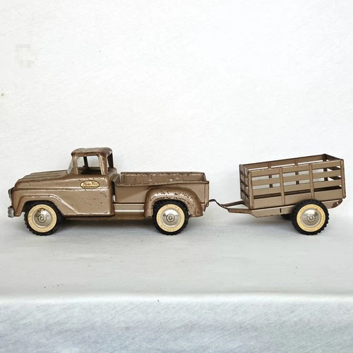 Vintage 1961 Tonka Step Side Pickup Truck & Trailer Set #28 Pressed Steel Toy