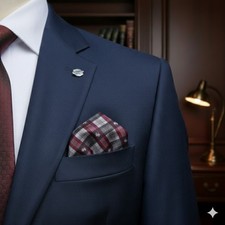 Nwot 9" X 9" Woven Pocket Square, Multicolor Plaid W/Lion Crest Print.