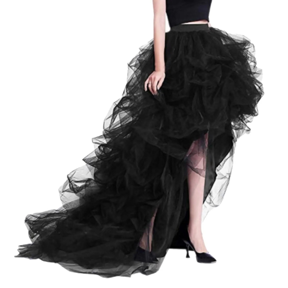 Sexy Black High Split Women Tulle Maxi Skirts Party Puffy Long