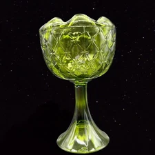 Indiana Art Glass Pedestal Tall Cup Bowl Diamond Avocado Green Duette 9”T 5”W