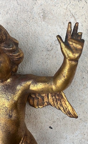 Antike italienische hängende geschnitzte vergoldete Holz Putti Engel Cherub Figur aus dem 19. Jahrhundert - Bild 17 von 24