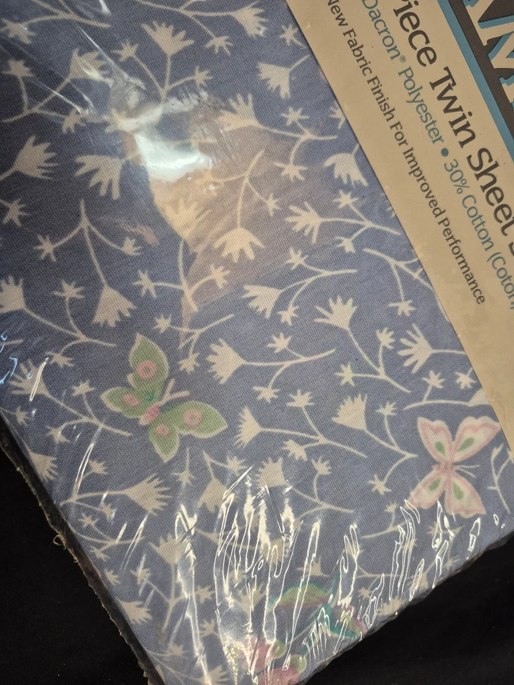 Sábana bajera vintage de 3 piezas sin abrir DreamStyles encaje azul mosca años 80 Foto 3 de 3