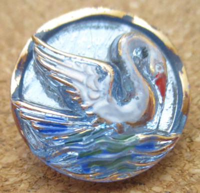 1-Czech Glass 3D Multi-Colored Swan on a Round Silver Back Button #18 - 21.50mm