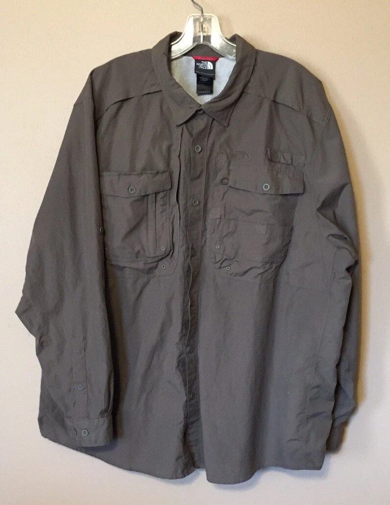 THE NORTH FACE Mens 2XL Dark Green Khaki Long Sleeve Shirt Hiking Fishing Vented