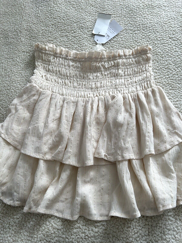 Sadie & Sage Smocked Tiered Pull-On Mini Skirt Cream Gold Metallic Threads Sz L