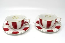 Grace Teaware Set of 2 Teacup & Saucer Sets Red & White Peppermint Stripes