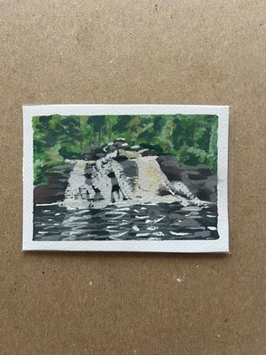 ACEO. Gouache & Ink on Watercolor Paper. waterfall. trees. nature. landscape.