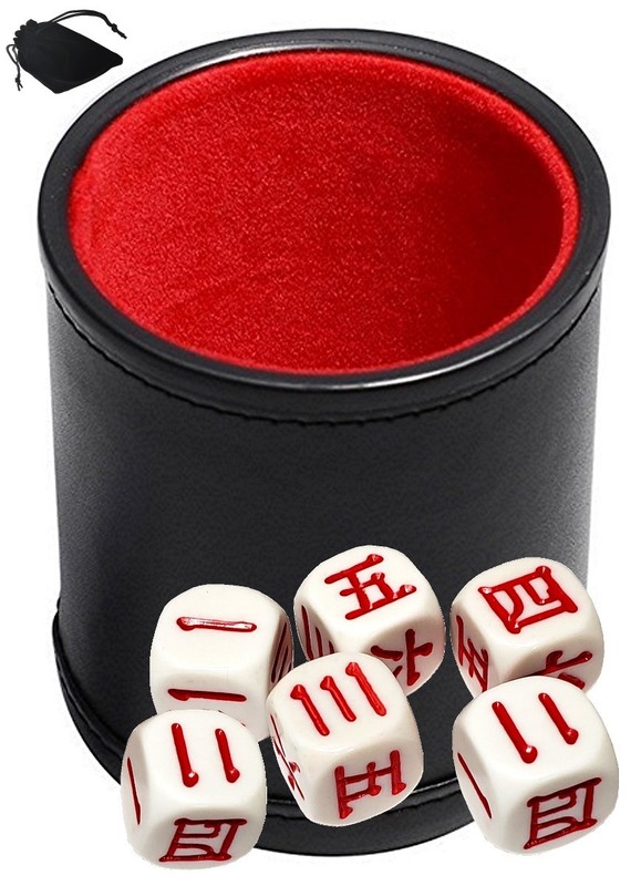 (6) 16mm Chinese Japanese Theme Dice w/Pouch +PU Leather Dice Cup Red Felt Lined