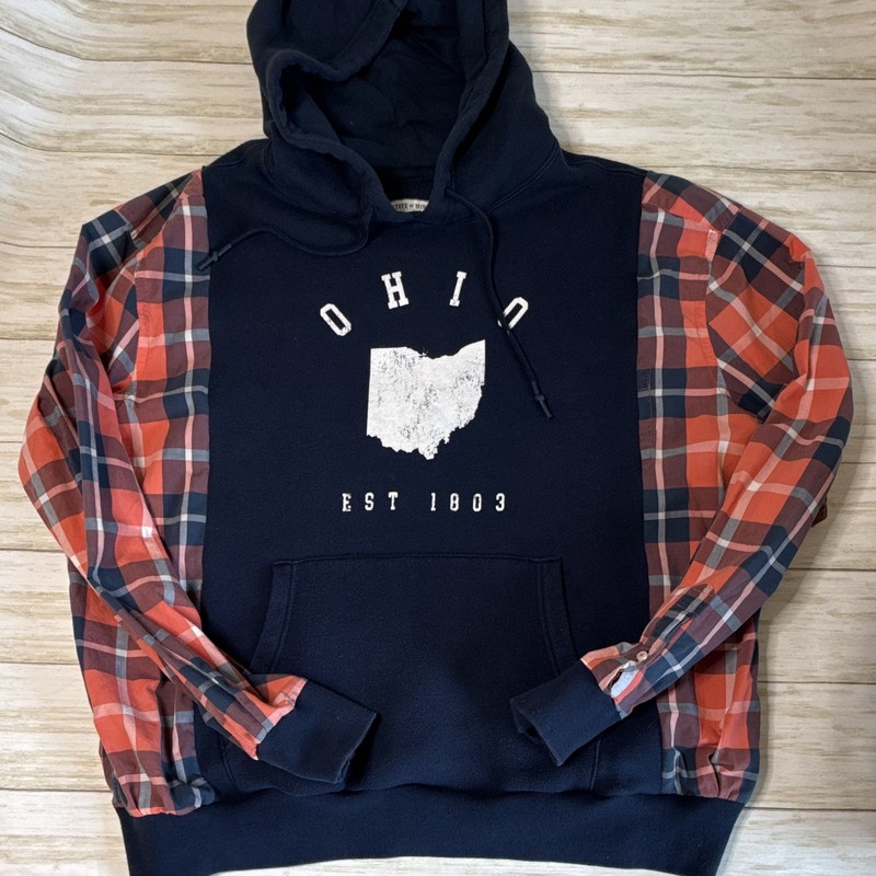 State of Mine Unisex  L -XLNavy/Red Ohio Graphic Plaid Sleeve Pullover Hoodie