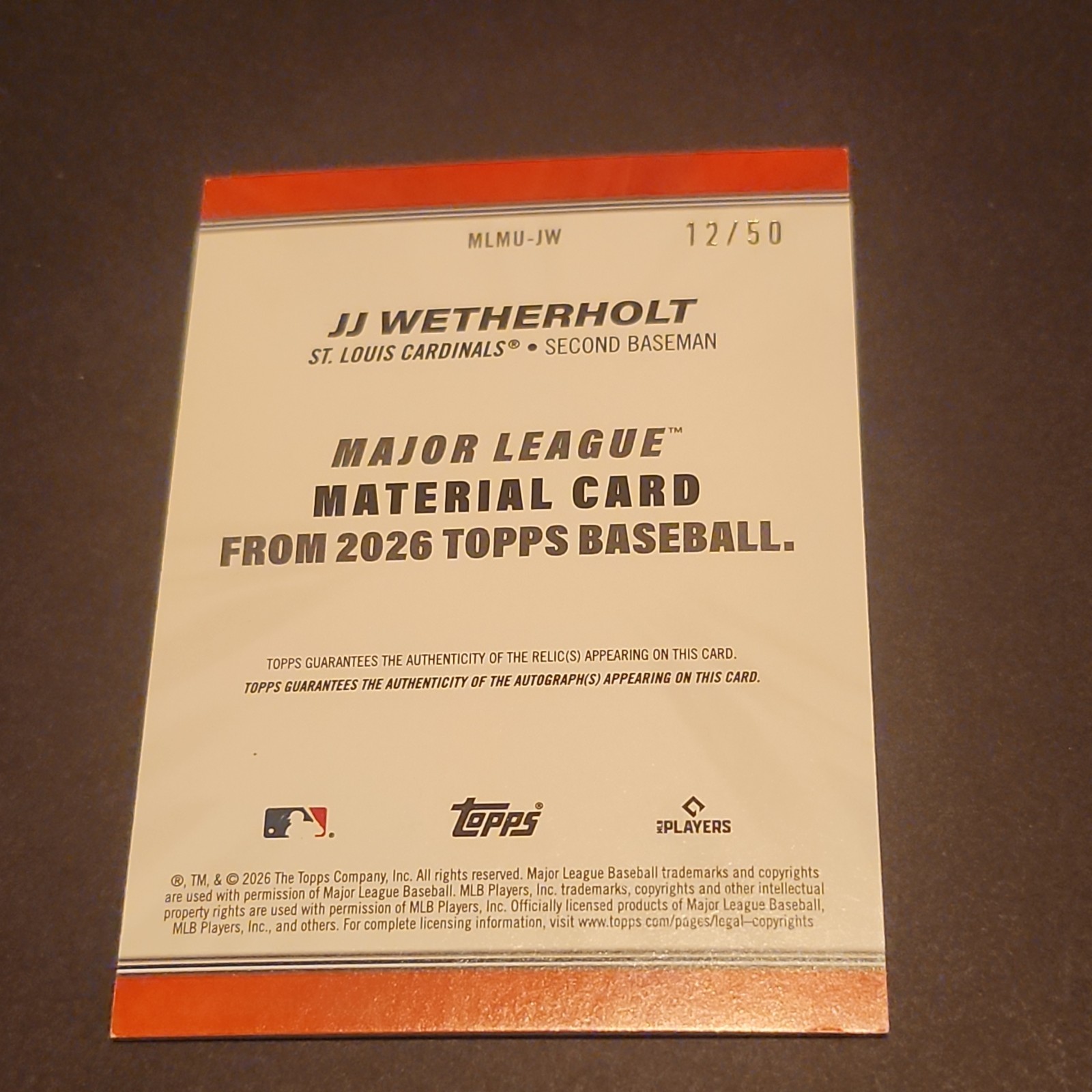 2026 Topps Update Gold JJ Wetherholt RC Auto/ Relic #12/50-READ ...