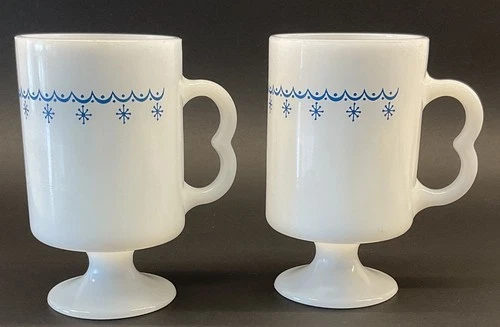 Vintage Pyrex Blue Garland Snowflake Milk Glass Pedestal Footed Mugs Set of 2