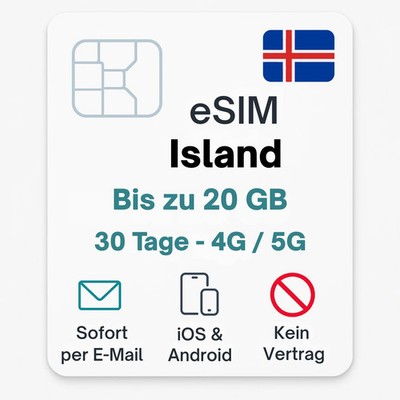 Island eSIM Datentarif digitale e SIM - per Mail- ohne Telefon Nummer