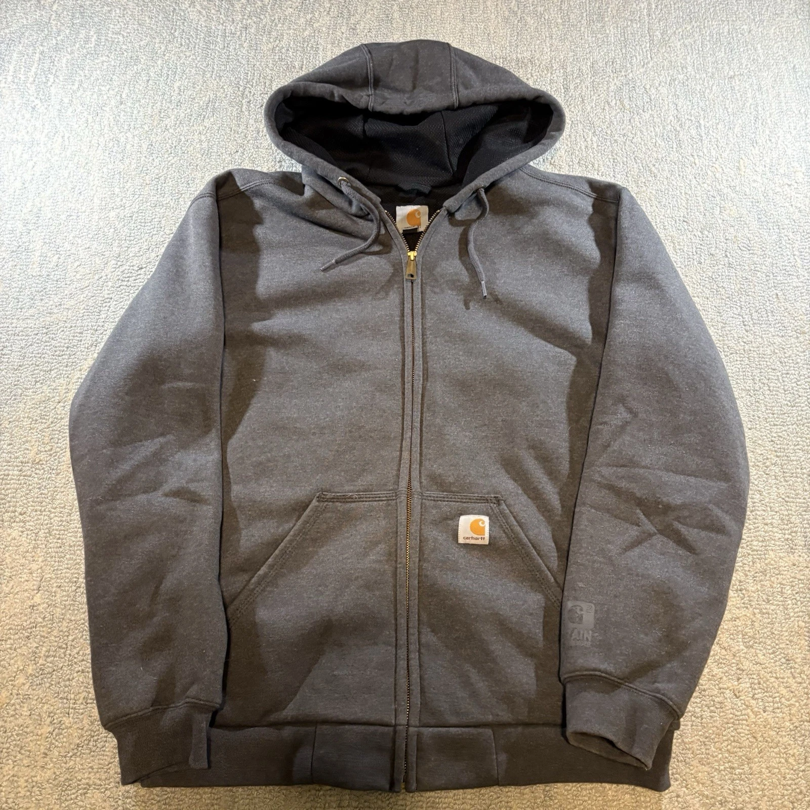 Vintage Carhartt Full Zip Up Rain Defender Hoodie Grey Thermal Lined Sz M Work
