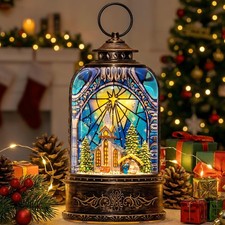 Musical Snow Globe Lantern Lighted Church with Nativity Scene Water Lantern i...