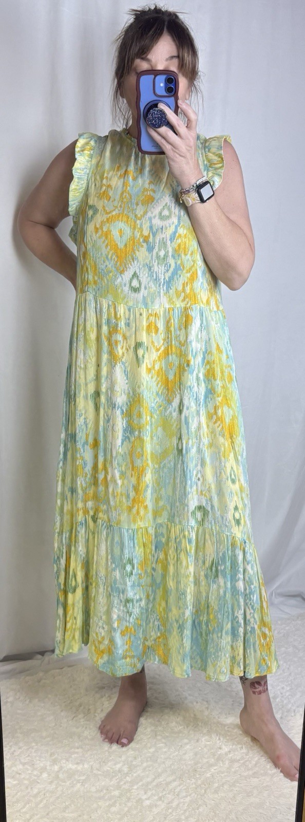 Women's QVC Yellow And Aqua Ikat Print Sleeveless Dress Size L NWOT