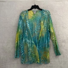 Simply Silk Womans Open Front Kimono Top Blue Green Sheer L Silk Blend Long