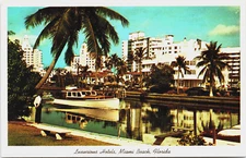 VTG Chrome Postcard Stamped 1963 - Luxurious Hotels - Boat - Miami Beach, FL
