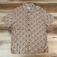 Rhythm Shirt Mens Medium Brown Graphic Print Rayon Button Up Short Sleeve