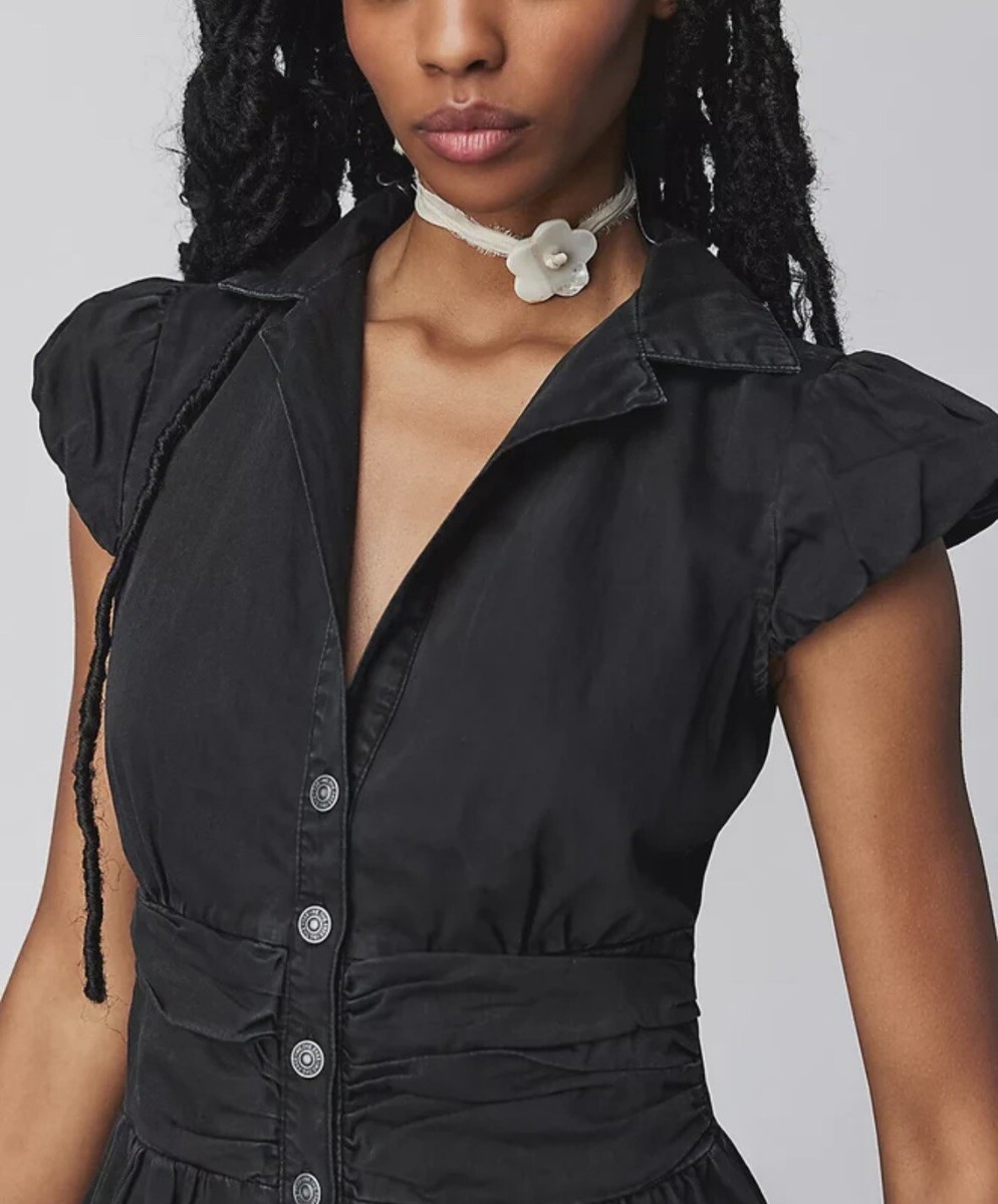 free people chester denim mini dress Free People Chester Mini Dress XS Montauk Blue Denim Puff Sleeve Ruched $128