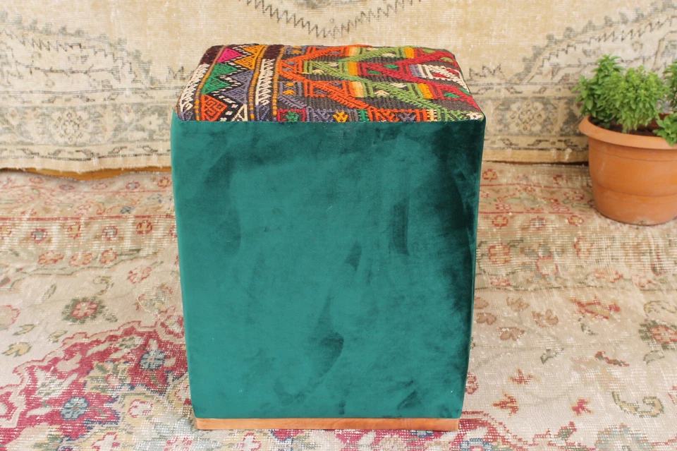 Vintage Kilim Pouf – Handmade Oriental Boho Ottoman Seat Footstool Green Decor - Image 2 of 4