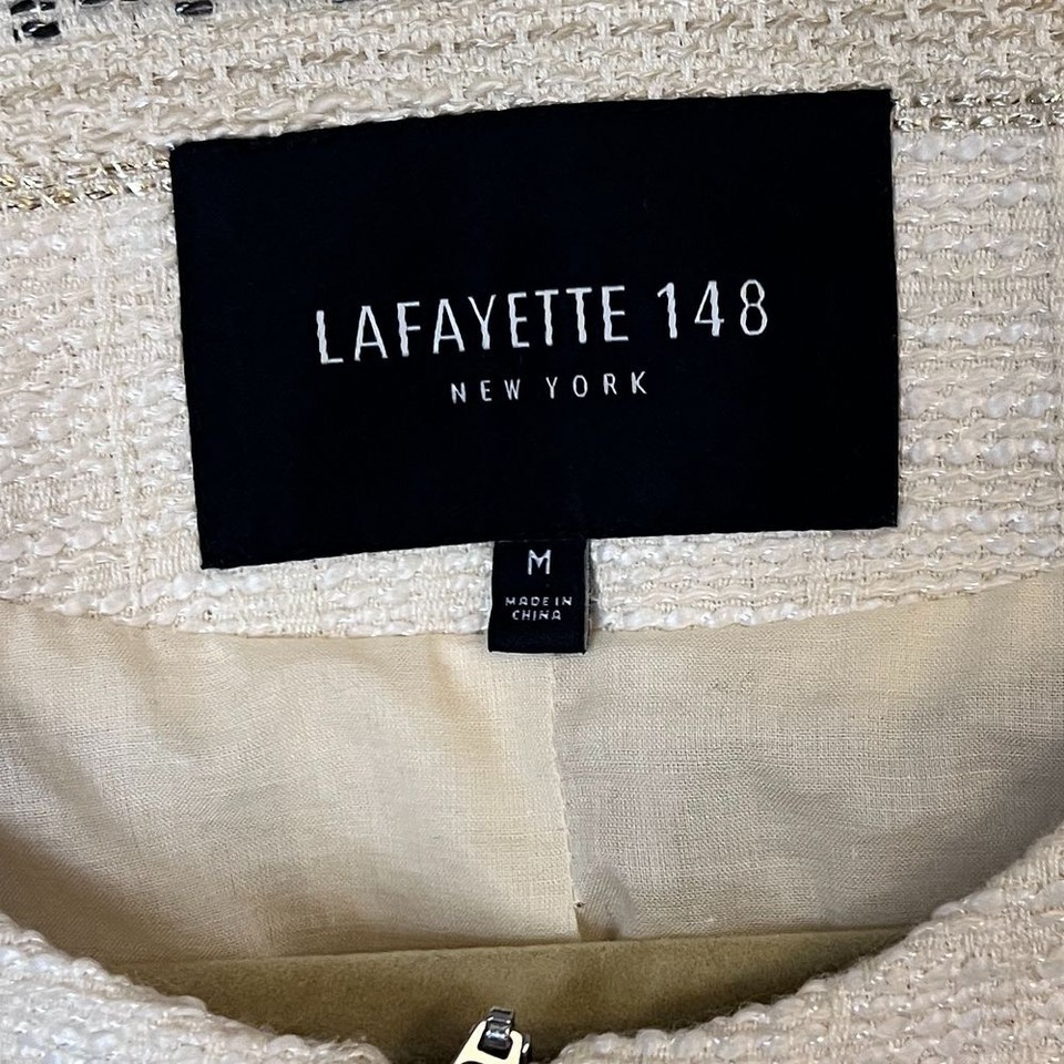 Lafayette 148 New York striped tweed zip blazer cream black metallic Sz