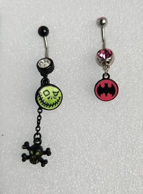 2 ) Belly Button Navel Ring Body Jewelry Piercing, Skull Dangle & DC Batman Bat