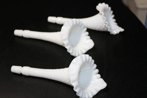 3 Vintage 8.5" Fenton Milk Glass Hobnail Epergne Replacement Horns NO Damage