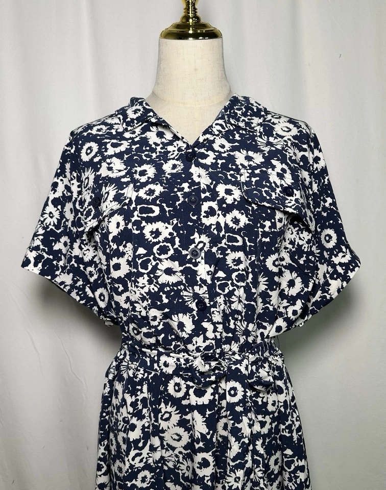 Vestido Camisa Lucky Brand Midi 3X Manga Corta Cinturón Bolsillos Botón Azul Blanco Foto 2 de 4