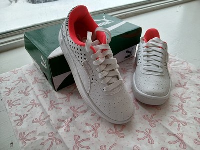 PUMA Girls' White Pink Sneakers Polka Dot Striped Heel Lace Up Breathable