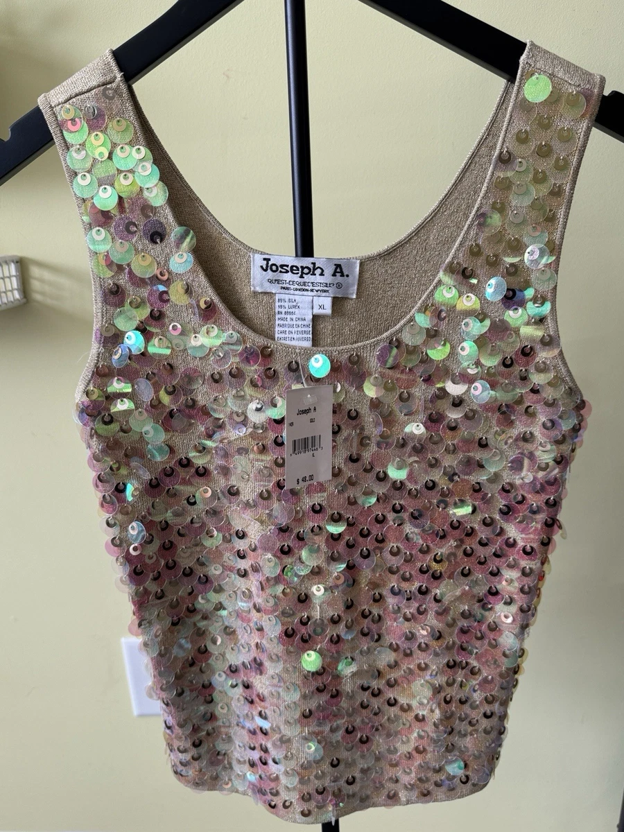 Top Noir à Sequins Joseph A - Col Rond, Manches Courtes, Taille XL En Coton Et Viscose - Occasion En Parfait état