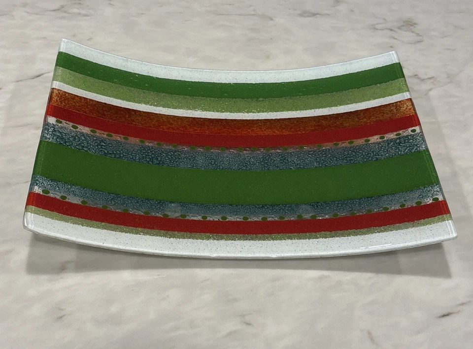 VIETRI Portugal Plato de galletas de vidrio curvo Cinta Caramelo Navidad Decoración navideña Foto 2 de 4