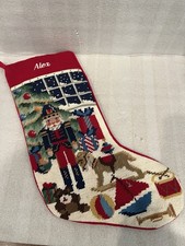 VTG Lands' End Nutcracker/Toys Needlepoint Christmas Stocking Wool/Cotton 17.5in