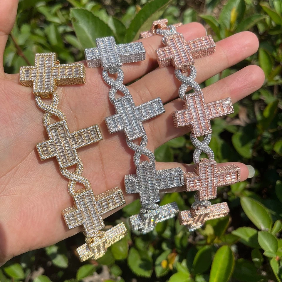 Mens Flooded Ice Infinity Cross Baguette Link Hip Hop Pendant Chain Bracelets - Image 2 of 4