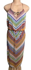 Vtg Y2K City Triangles Strappy Silky Halter Maxi Dress Women S Aztec Chevron