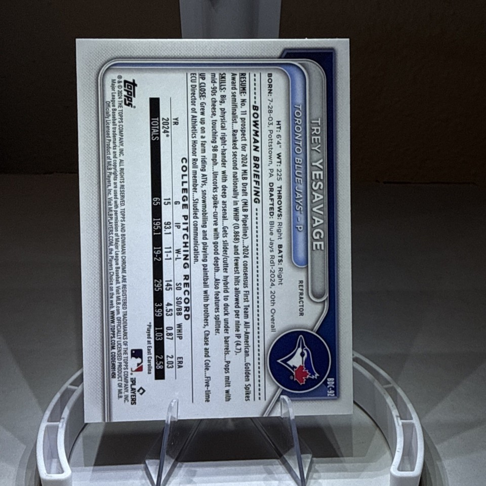 2024 Bowman Draft Trey Yesavage 1st Bowman Rookie Graded MGCo. Gem Mint 10 – Toronto Blue Jays-490540