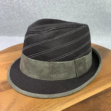 Fedora Hat Cotton Trilby Fitted Men L/XL Black Gray Pinstripe Faux Leather Band