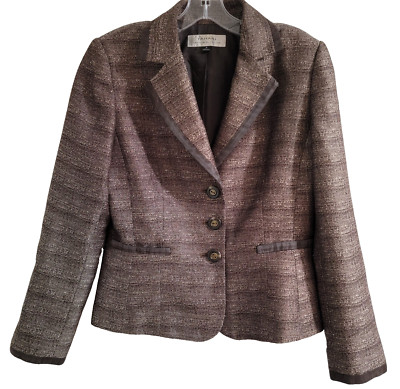 TAHARI Womens Blazer Brown Textured Polyester Satin Strim 3 Button Jackets Sz. 6