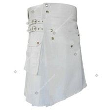 Handmade Cargo Pockets White Utility Fashion Kilt for Men - Cotton