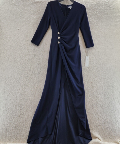 Calvin Klein Ruched Faux-Wrap Gown Women's 2 Navy Three Quarter Sleeve Back Zip+ - Afbeelding 1 van 15