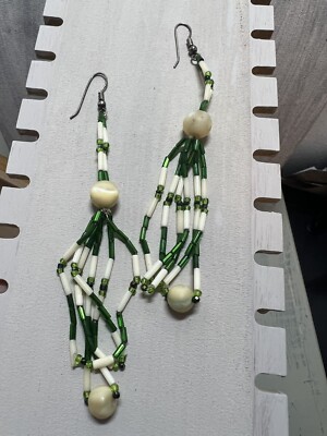 Native American Bead Green & Cream Dangle Hook Earrings 4.5 Inches