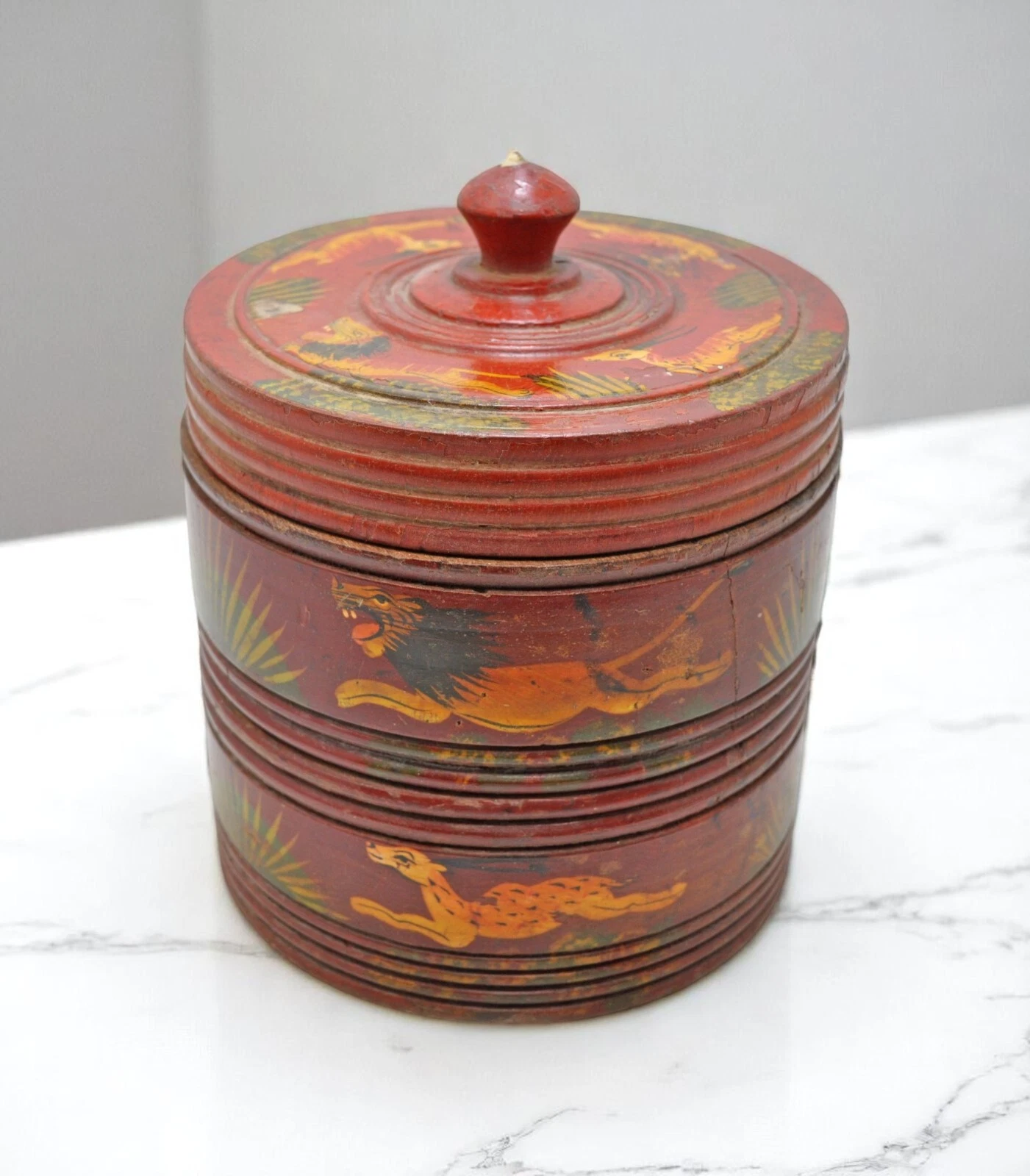 Vintage Wooden 2 Tier Round Food Box Original Old Hand Crafted Glossy Painted